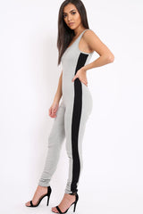 Grey With Black Side Stripe Bodycon Jumpsuit - Tinisha
