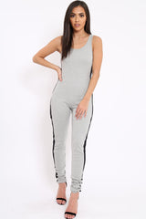 Grey With Black Side Stripe Bodycon Jumpsuit - Tinisha