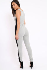 Grey With Black Side Stripe Bodycon Jumpsuit - Tinisha
