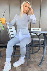 Grey Ribbed Flared Shirt and Leggings Co-ord - Aafiya