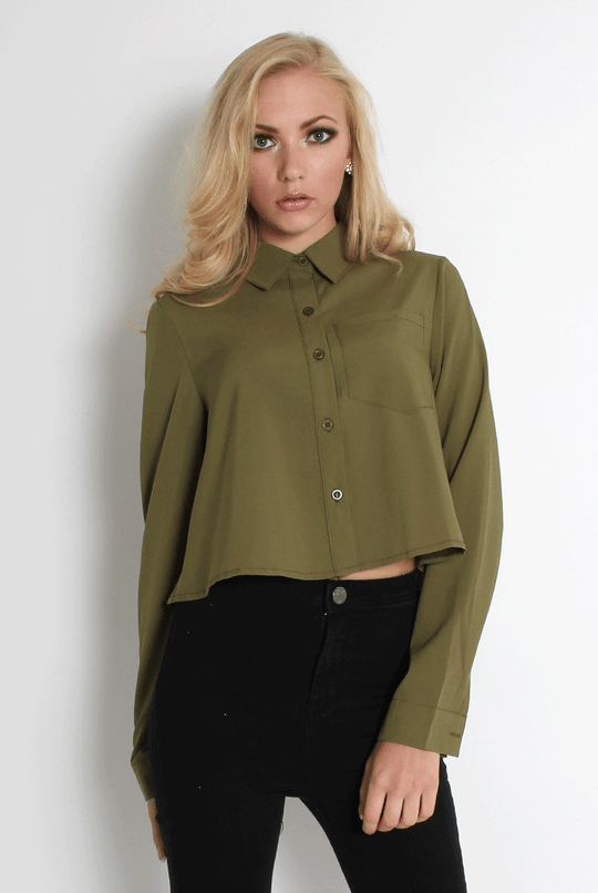 Grace Khaki Long Sleeved Cropped Shirt
