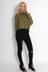Grace Khaki Long Sleeved Cropped Shirt