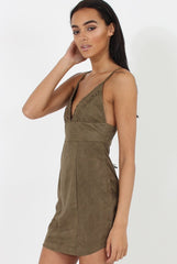Khaki V Plunge Bodycon Mini Dress - Gwen