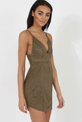 Khaki V Plunge Bodycon Mini Dress - Gwen