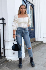 Cream Button Up Milkmaid Crop Top - Miyah