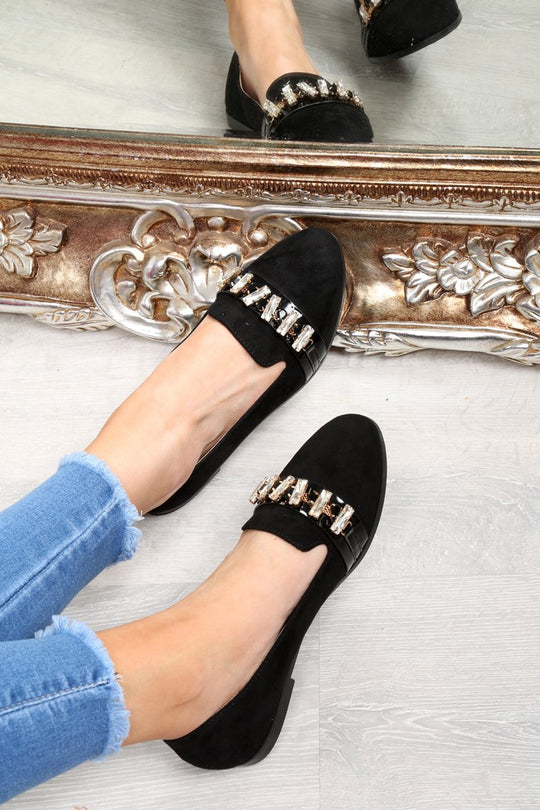 Black Faux Suede Jewel Front Flats - Hadley