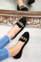 Black Faux Suede Jewel Front Flats - Hadley