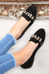 Black Faux Suede Jewel Front Flats - Hadley