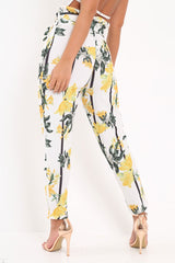 White Floral Paper Bag Waist Trousers - Hadden