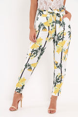 White Floral Paper Bag Waist Trousers - Hadden