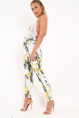 White Floral Paper Bag Waist Trousers - Hadden