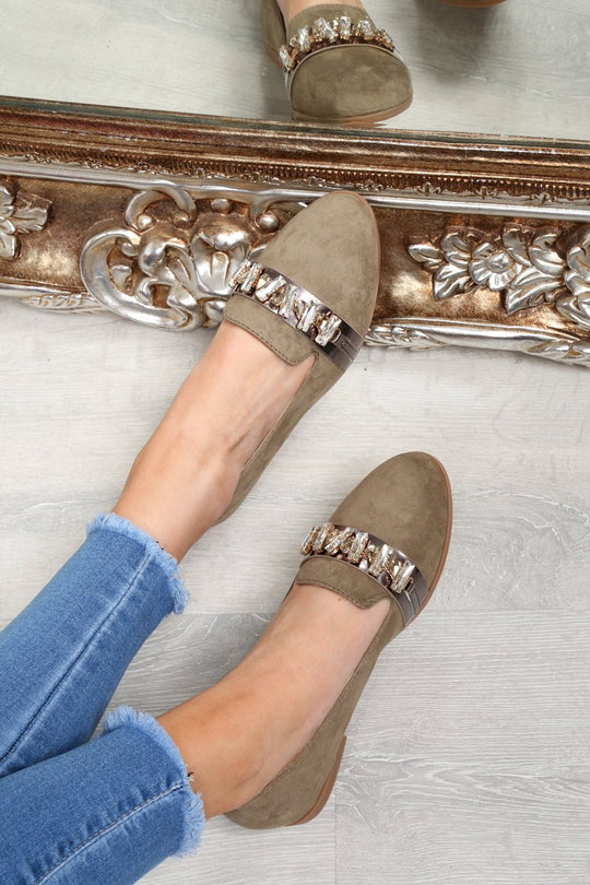 Green Faux Suede Jewel Front Flats - Hadley