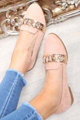 Pink Faux Suede Jewel Front Flats - Hadley