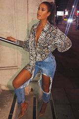 Beige Snake Print Shirt Dress - Haigen