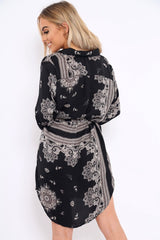 Black Satin Paisley Print Button Front Shirt Dress - Hailie