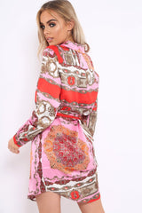 Pink Satin Paisley Print Button Front Shirt Dress - Hailie