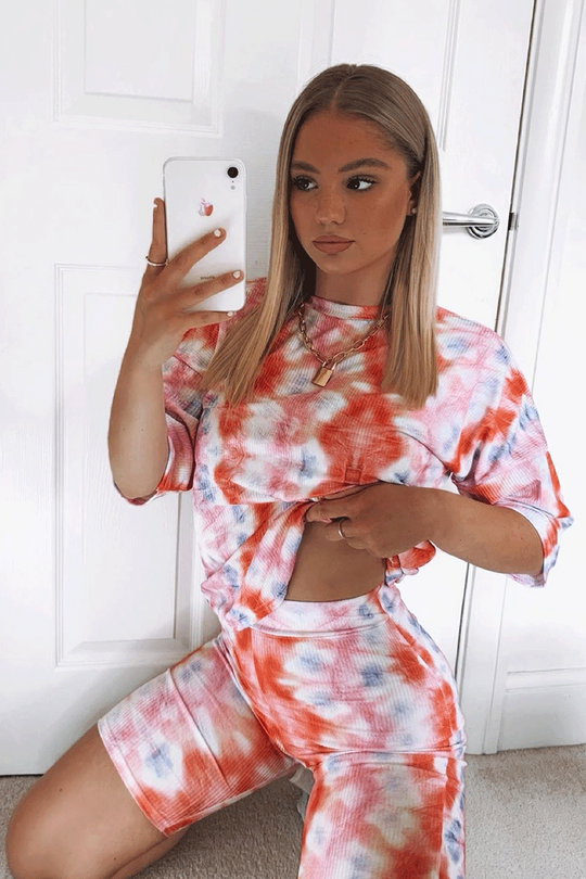 Pink Tie Dye Ribbed Cycling Shorts Co-ord - Haizlee