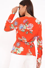 Orange Floral Plunge Tie Front Shirt - Halina