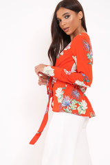 Orange Floral Plunge Tie Front Shirt - Halina