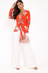 Orange Floral Plunge Tie Front Shirt - Halina