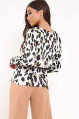 White Leopard Plunge Tie Front Shirt - Halina