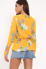 Yellow Floral Plunge Tie Front Shirt - Halina