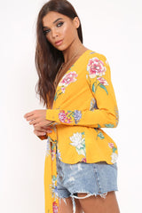 Yellow Floral Plunge Tie Front Shirt - Halina