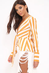 Mustard Stripe Plunge Tie Front Shirt - Halina