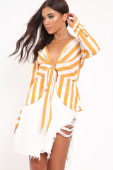 Mustard Stripe Plunge Tie Front Shirt - Halina