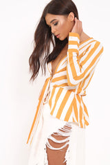 Mustard Stripe Plunge Tie Front Shirt - Halina