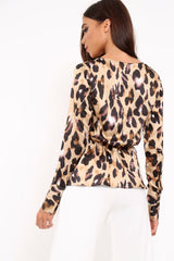 Brown Leopard Plunge Tie Front Shirt - Halina