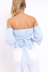 Blue Stripe Frill Off Shoulder Tie Crop Top - Halle