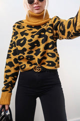 Mustard Leopard Crop Roll Neck Jumper - Halley
