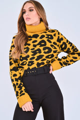 Mustard Leopard Crop Roll Neck Jumper - Halley