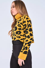 Mustard Leopard Crop Roll Neck Jumper - Halley