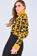 Mustard Leopard Crop Roll Neck Jumper - Halley