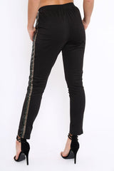 Black Tapered Trousers with Khaki and Gold Sequin Side Stripes - Halli