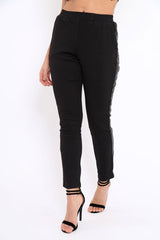 Black Tapered Trousers with Khaki and Gold Sequin Side Stripes - Halli