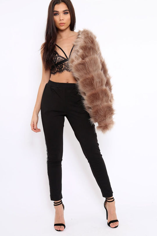 Black Tapered Trousers with Khaki and Gold Sequin Side Stripes - Halli