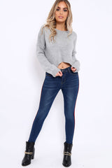 Dark Blue Denim Skinny Jeans with Side Stripes - Hana