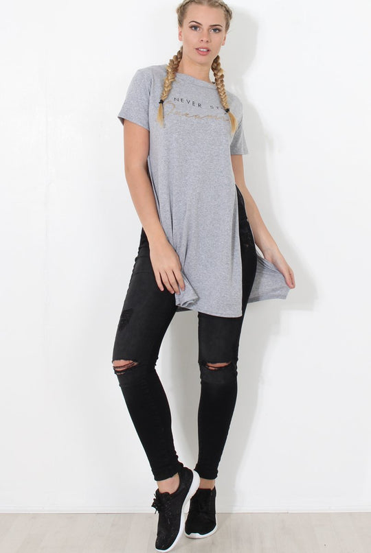 Hanna Grey Slogan Side Split Top