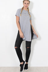 Hanna Grey Slogan Side Split Top