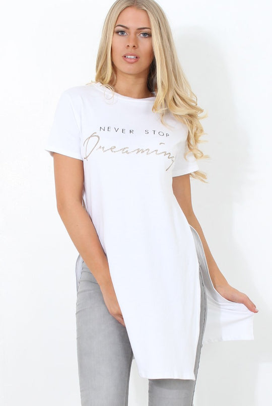 Hanna White Slogan Side Split Top