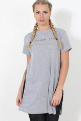 Hanna Grey Slogan Side Split Top