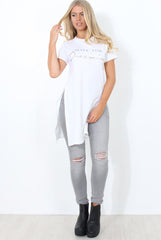 Hanna White Slogan Side Split Top