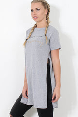 Hanna Grey Slogan Side Split Top