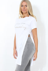 Hanna White Slogan Side Split Top