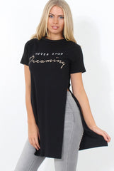 Hanna Black Slogan Side Split Top