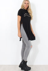 Hanna Black Slogan Side Split Top