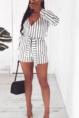 White And Black Stripe Wrap Over Playsuit - Havannah